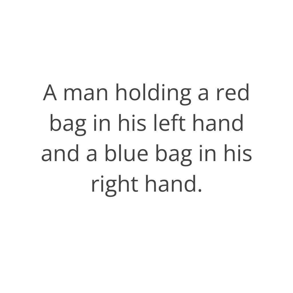 A man holding a red bag in his left hand and a blue bag in his right hand.